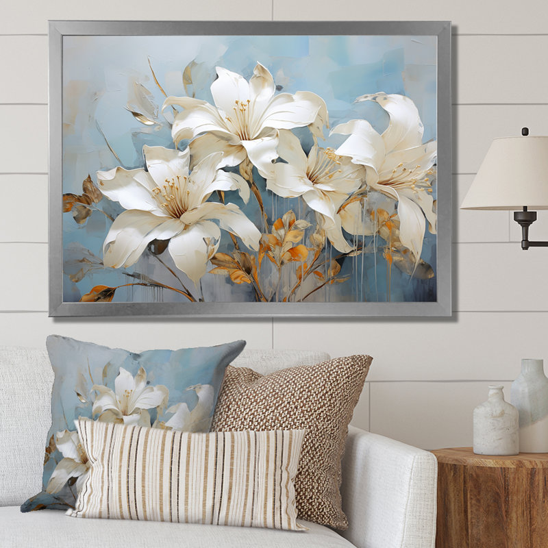 Lilies en fleurs IV sur toile, Cadre simple argenté, H 16 po x l 32 po x P 1 po