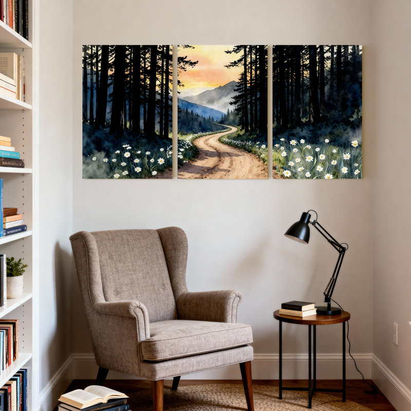 Chemin forestier avec marguerites et montagnes, ensemble de 3 reproductions d'art sur toile tendue, H 36 po x l 72 po