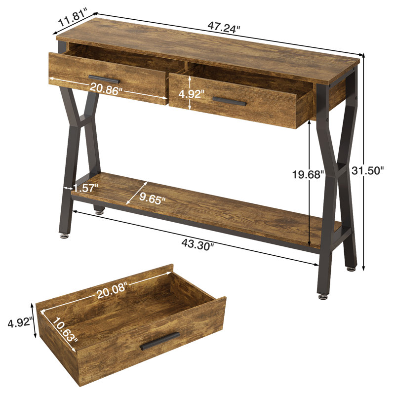 Console 47 po avec 2 tiroirs, table de vestibule en bois Farmhouse, Brun rustique
