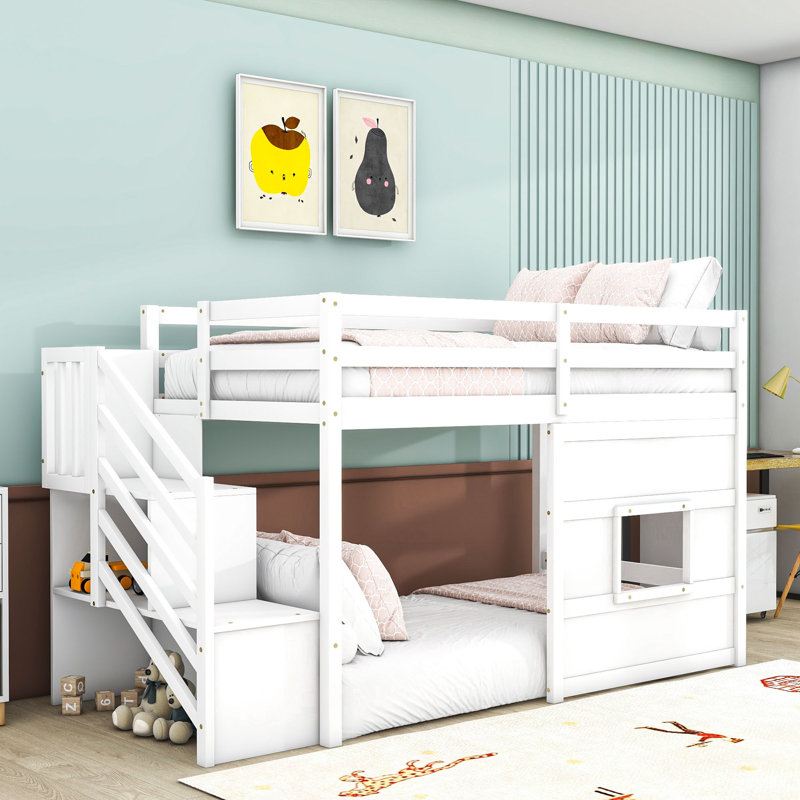 Twin Wooden Loft Bed With Storage Stair, LED Lighting And Playful Window Design, White