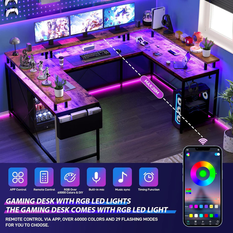 U Shaped Desk, Gaming Desk With Monitor Stand And LED Lights, Reversible Shaped Large Computer Desk With Power Outlets, Office Desk With Storage Bag And Hooks