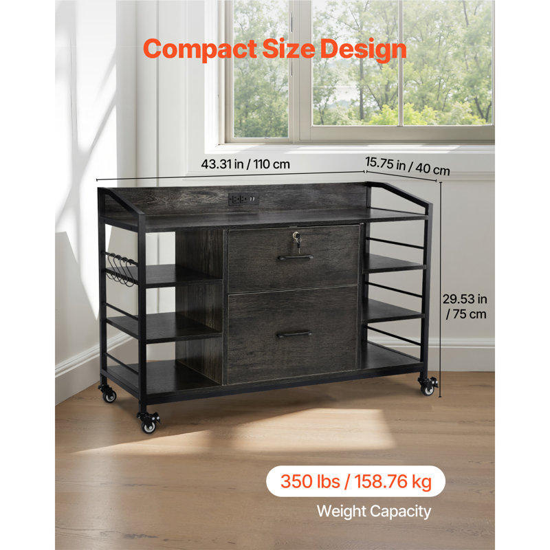 Classeur en métal 2 tiroirs avec 6 tablettes ouvertes et multiprise, Gris