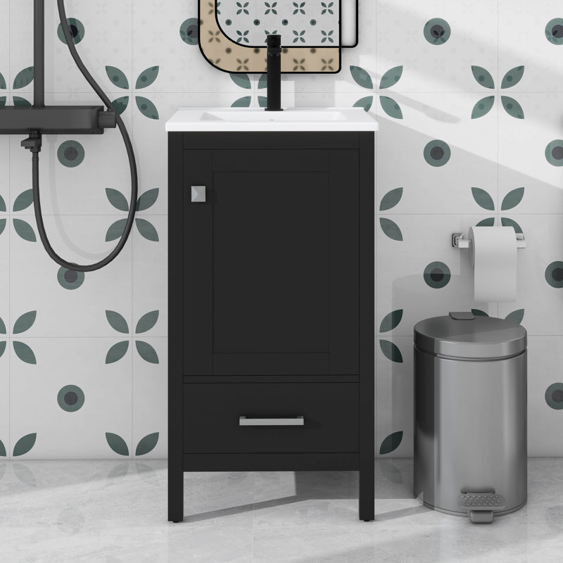 Meuble-lavabo moderne de 18 pouces avec lavabo en céramique, tiroirs à fermeture en douceur et organisateur de porte, tiroir de séparation et patins réglables en plastique