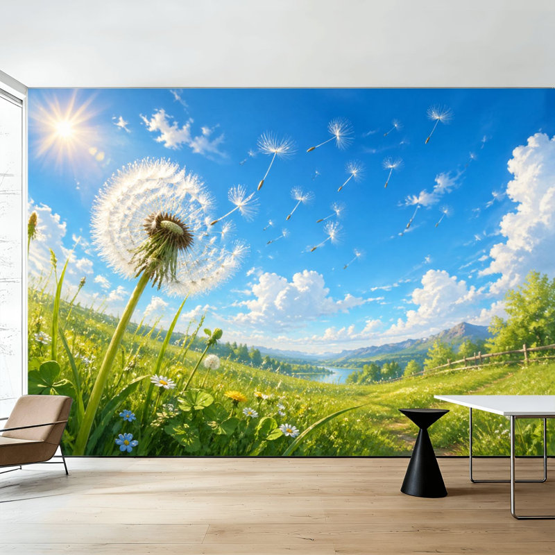 Papier peint adhésif pissenlit Pissenlit flottant pittoresque printemps bleu ciel nuages art mural auto-adhésif et amovible