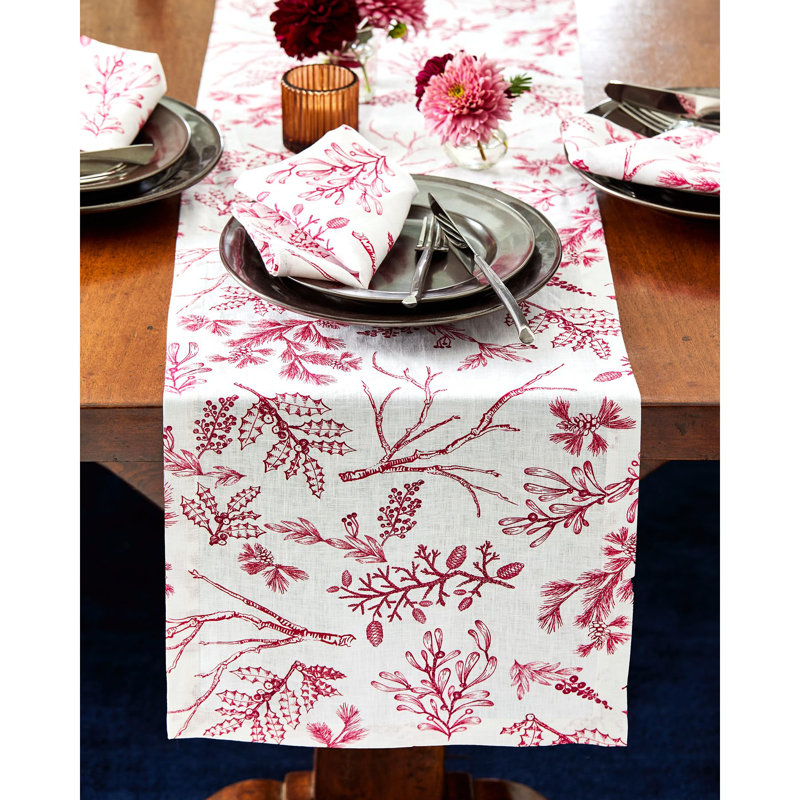 100% Pure Line Table Runner - Winter Forest, 108" x 14", Floral, Red/White