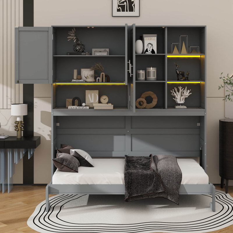 Lit escamotable simple peu encombrant avec armoire suspendue et tablettes personnalisées, Gris