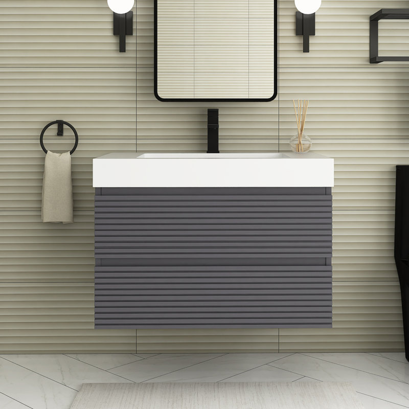 Ensemble de meuble-lavabo mural simple 30 po gris avec surface intégrée