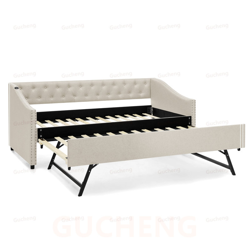 Lit de jour simple avec chargement USB, lit escamotable extensible et dossier capitonné élégant, Beige