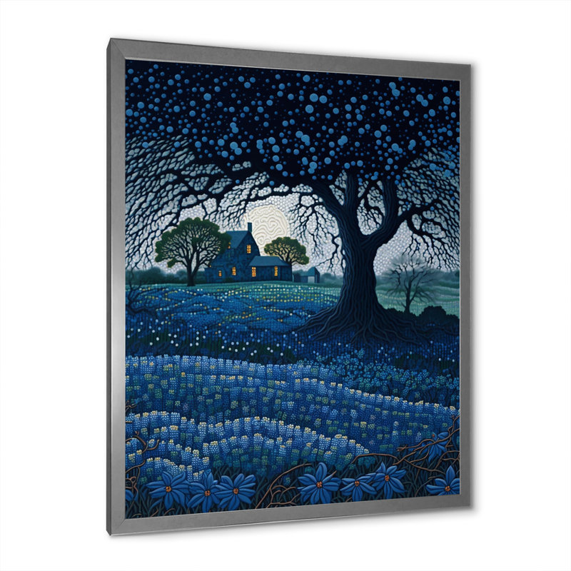 «Field with Farm And Blossoming Bluebonnets I» sur toile, H 44 po x l 34 po x P 1,5 po, Cadre simple argenté