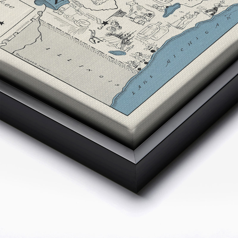 Carte illustrée du Wisconsin, Cadre noir, Canevas, H 24 po x l 32 po