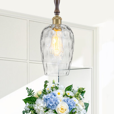 Black Walnut Ripple Glass Pendant Light - Hand-Blown Shade, Adjustable 19''-98'', E26 Dimmable Fixture