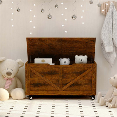 Sturdy Wooden Storage Chest with Wheels, Safety Hinge, and U-Shaped Opening for Easy Access and Maximum Capacity