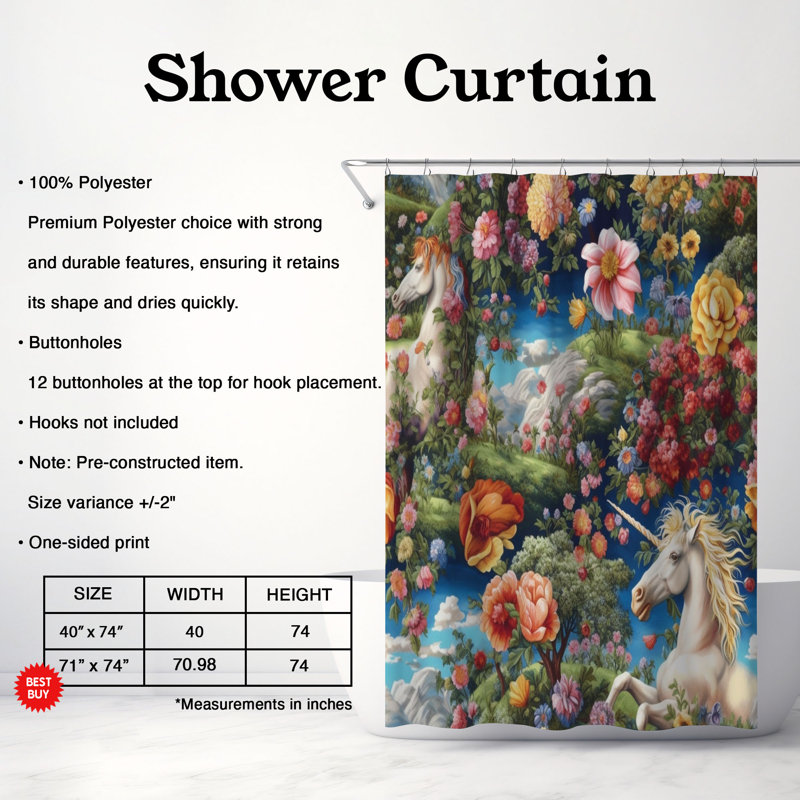 Rideau de douche 1 pièce Petal Unicorn, H 74 po x l 71 po