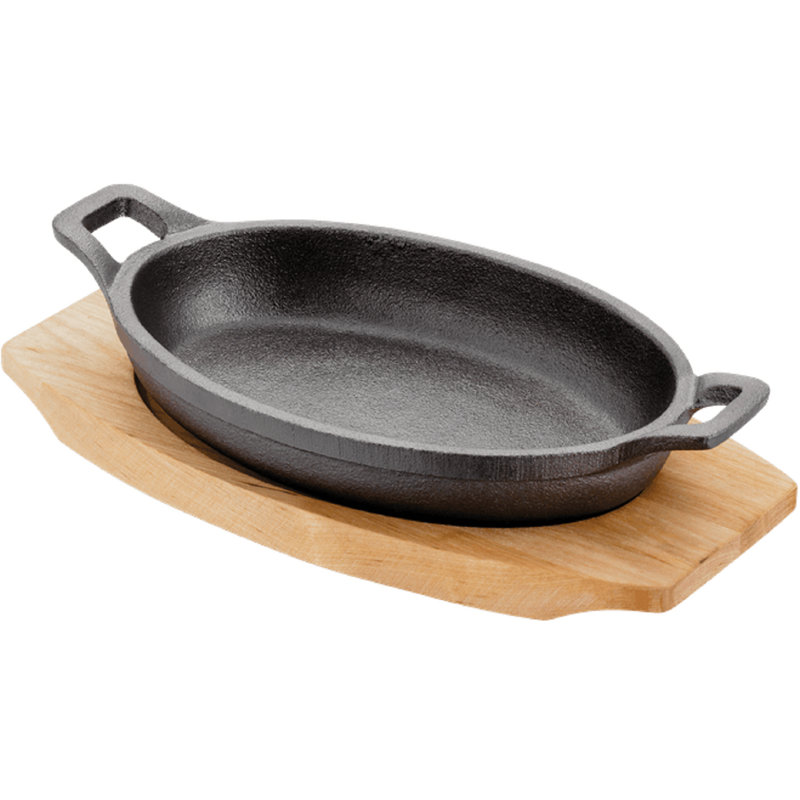 Judge, Sizzle & Serve - Cast Iron Gratin Dish on Server Board