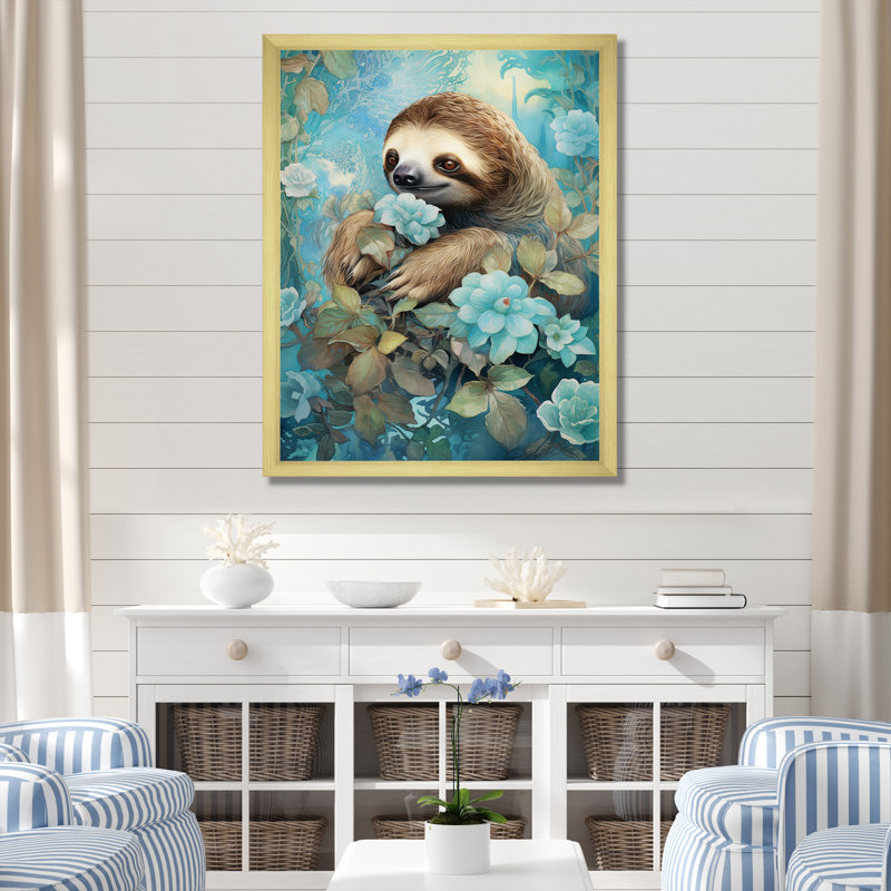 «Turquoise Tranquility Flower Sloth», reproduction sur toile, Cadre photo blanc, H 40 po x l 30 po