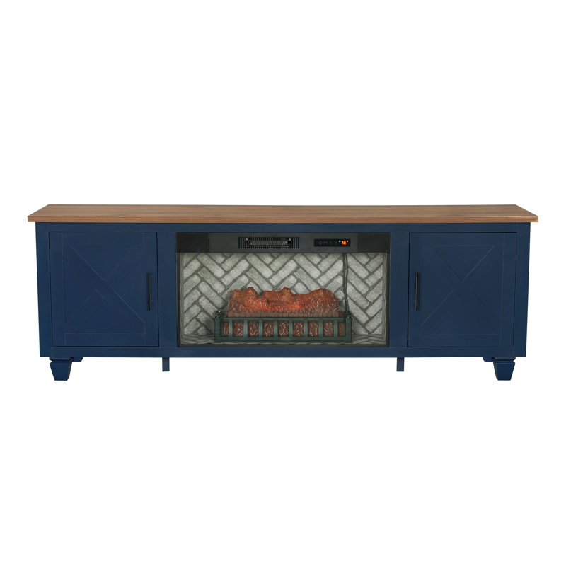 1 console multimédia avec foyer électrique bleu flammes, armoire latérale avec trous réglables, grille pour bûches, finition deux tons