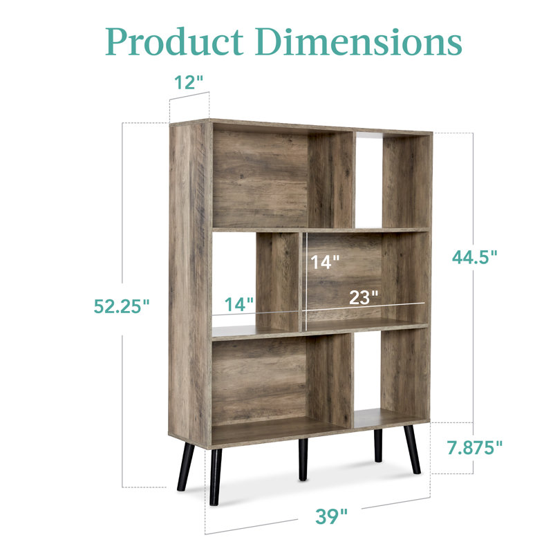 Kintz 3-Tier Mid-Century Modern Wooden Bookcase w/ Removable Back Panels, Offset Pine Legs, Gray Oak