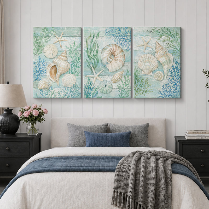 «Aqua Seashell Starfish Coastal», impression sur toile, impression sur toile encadrée, 3 pièces, H 36 po x l 72 po x P 1,5 po