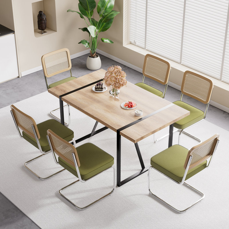 Ensemble de table de salle à manger avec chaises d'appoint rembourrées en velours, 7, Brun rustique, Vert