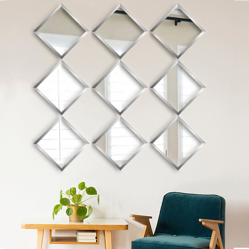 Ensemble de 9 miroirs 9 pièces, 24 x 24 cm (9,4 x 9,4 pouces) | 100% verre avec cadre en plastique stratifié, épaisseur: 0,16 pouce | Couleur argentée élégante pour une décoration intérieure élégante, parfaite pour le salon et le vestibule