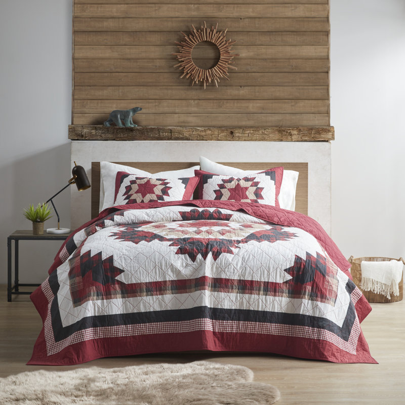 Full/Queen Red Cotton Medallion Quilt Set with Shams