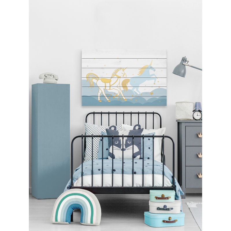 Gerritt, les licornes arrivent, impression sur bois blanc, H 12 po x l 18 po x P 1,5 po