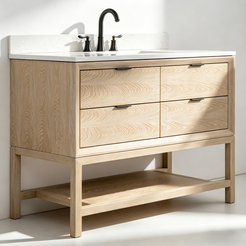 48" Transitional Natural Oak Bathroom Vanity with Engineered Marble Top, White Washed Oak