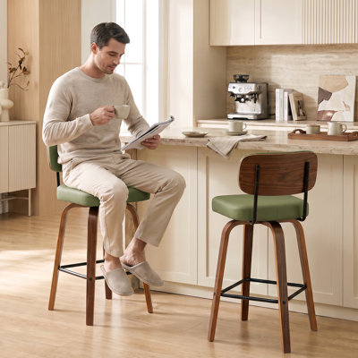 Tabouret de bar pivotant rembourré avec structure en bois courbé au fini noyer