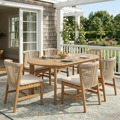 Caelora Patio 6-Person Acacia Wood Dining Set With Woven Rope Chairs And Olefin Cushions