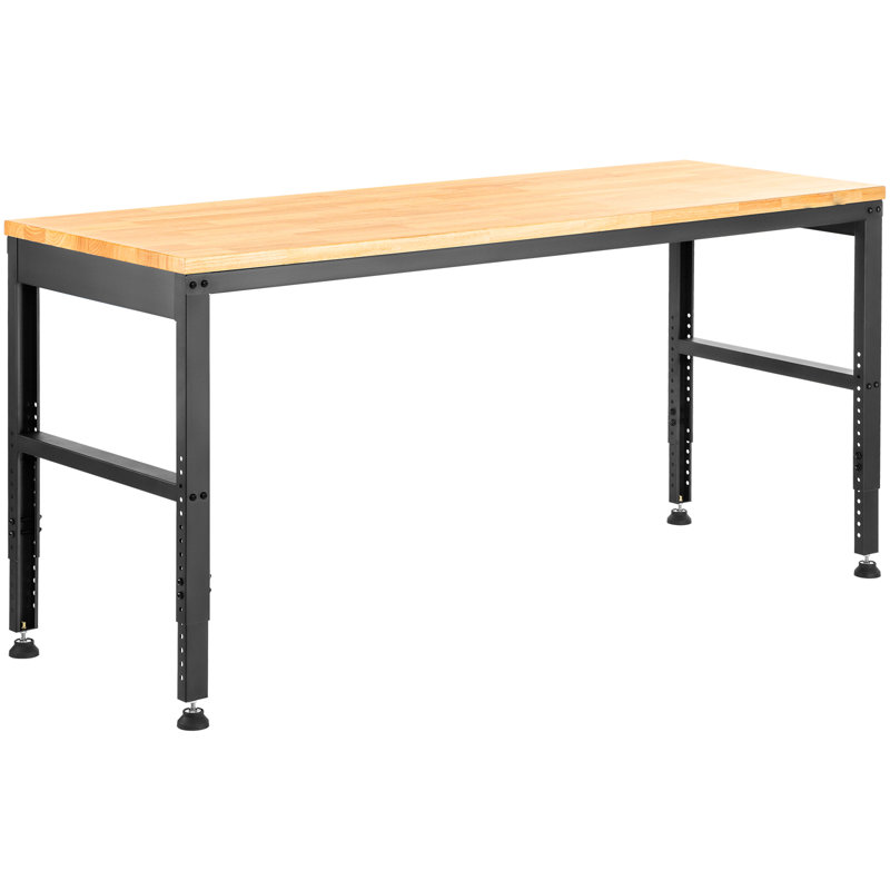 Adjustable Height Wood Workbench with Metal Frame and Power Outlets, 36" H x 61" W x 20" D