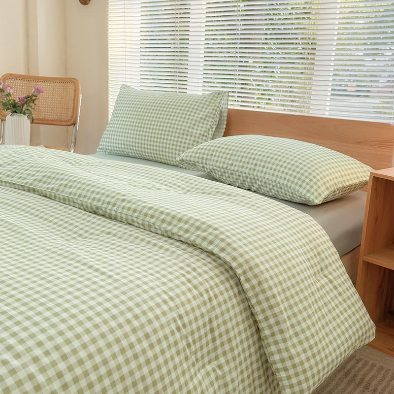 Ensemble d'édredon en microfibre prélavée Gingham, Vichy écossais vert, Édredon simple + 1 taie d'oreiller