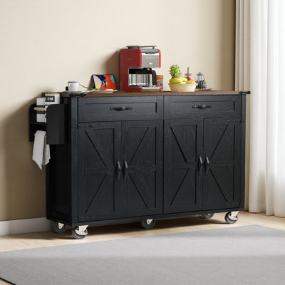 53.5''Farmhouse Kitchen Island With Power Outlet, Kitchen Storage Island With Drop Leaf, Spice Rack And Drawer, Rolling Kitchen Cart On Wheels