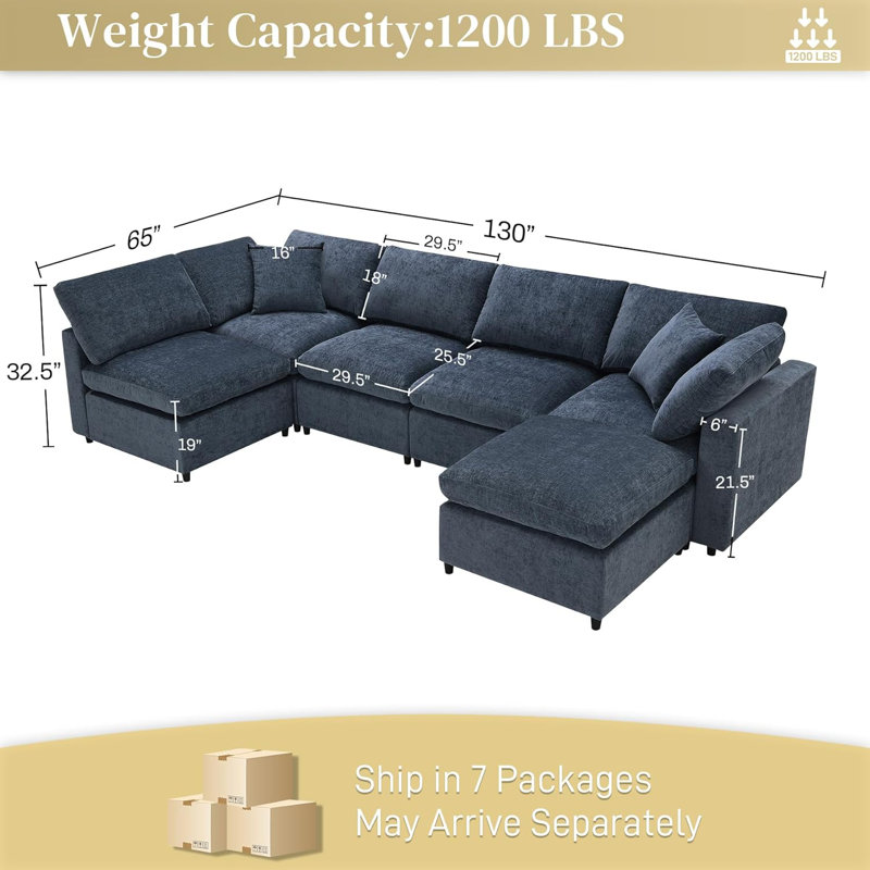 Latitude Run® 130" Modular Chenille Sectional Sofa Cloud Couches, Convertible Oversized Sectional Sleeper Sofa Bed