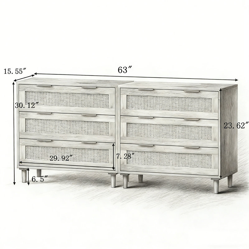 31.5" Rattan Storage Cabinet With 3 Drawers, Wooden Accent Cabinet Set Of 2