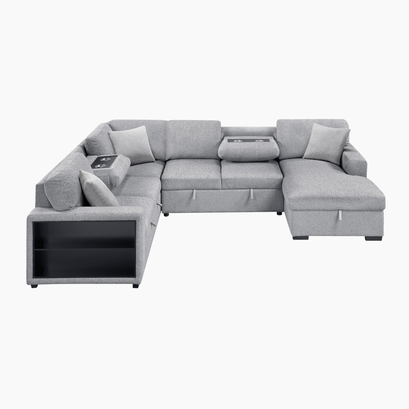Meserve 121" Contemporary Square Arm Boucle Sectional with Pull-Out Bed, Gray Fabric, Right Hand Facing