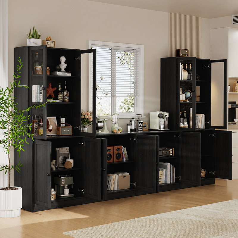 Garde-manger de 71 po avec bibliothèques, meuble télé de style campagnard pour téléviseur de 70 po ou moins Reshod, Noir