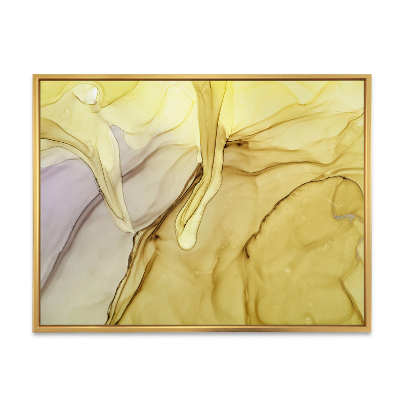 Jaune et vert, encre liquide - peinture sur toile, H 34 po x l 44 po x P 1,5 po, Cadre flottant doré
