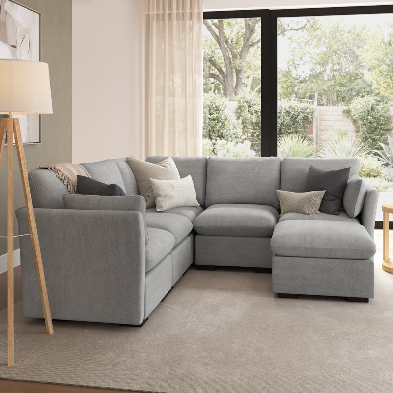 Modular 4-Seater Sectional With Storage Ottoman, Living Room Furniture, 36.6" H x 99.4" W x 99" D, Dove Gray Polyester