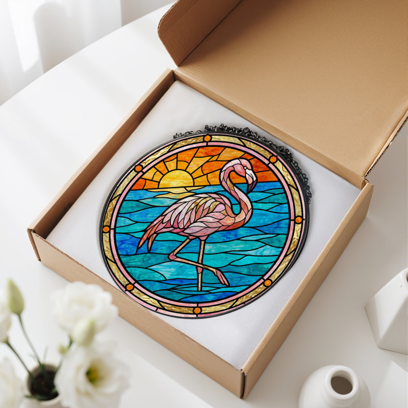 7.8"H Flamingo Sunset Stained Glass Window Panel, 7.8" H x 7.8" W