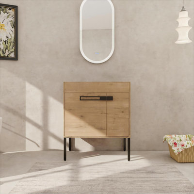  Modern Imitative Oak Bathroom Vanity Base Cabinet, Convertible, Metal Handles