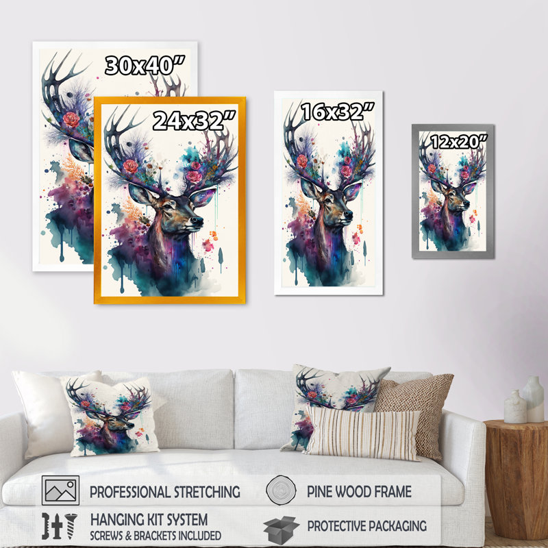 Mignon cerf Floral II - peinture sur toile, H 32 po x l 24 po x P 1 po, Encadrement doré
