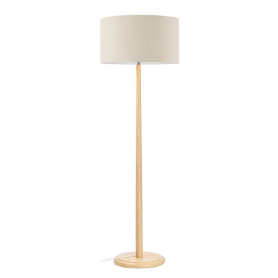 Lampe sur pied 61 po en bois massif nordique avec abat-jour tambour en lin, base en bois d'hévéa finition noyer, douille E26, interrupteur au pied, homologué UL