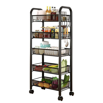 5 Tier Rolling Cart Storage Vegetable Rack, Metal Slim Storage Trolley on Wheels, Beauty Fruit Drinks Trolley with 4 Hooks, Mesh Basket Narrow Shelf U by Wrought Studio