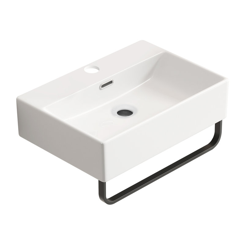 Wall Mounted White Ceramic Vessel Sink With Towel Rack And Faucet Hole, Small Bathroom Sink | Gift Idea