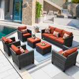 Allcot 7 - Person Wicker Rattan Patio Furniture Set with Throw Pillows, Outdoor Sofa Set with Couch, Chairs, Ottomans and Comfy Cushions