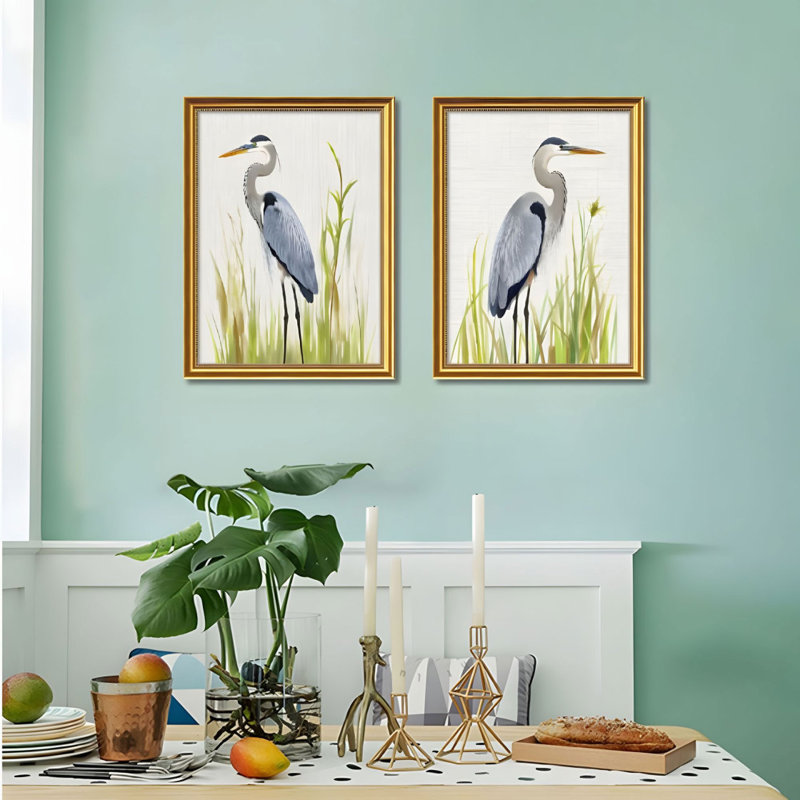Ensemble de 2 reproductions d'art sur toile encadrées d'oiseaux héron