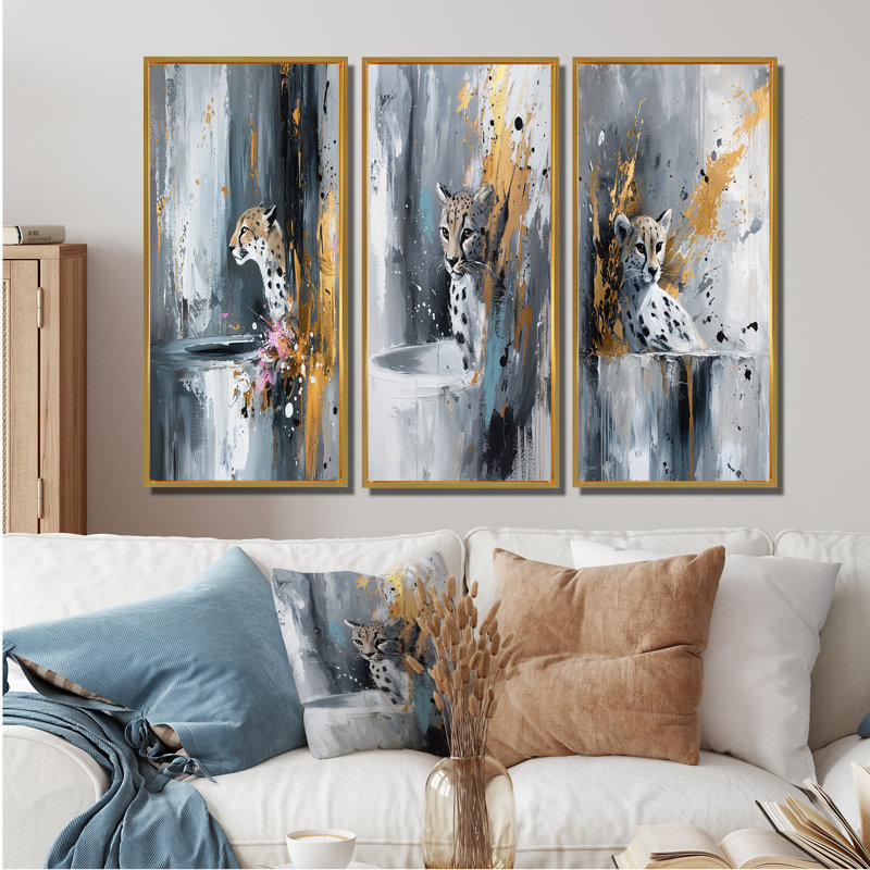 «Gold Cheetahs Quick Call Accents with Grey I», collection d'art mural guépard, H 40 po x l 60 po, Doré