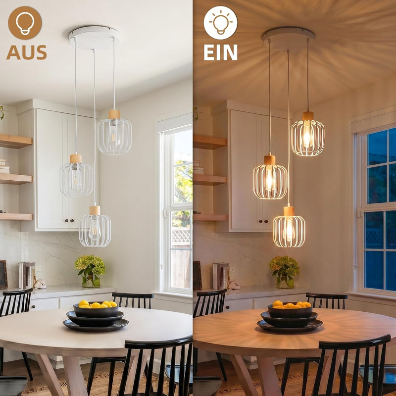 3-Light Kitchen Island Pendant – White Metal Shade, E27, 40