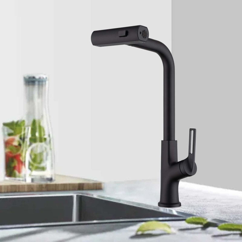 Robinet d'évier de cuisine à poignée simple 360 ° avec douchette rétractable (seulement 1 robinet), Noir mat