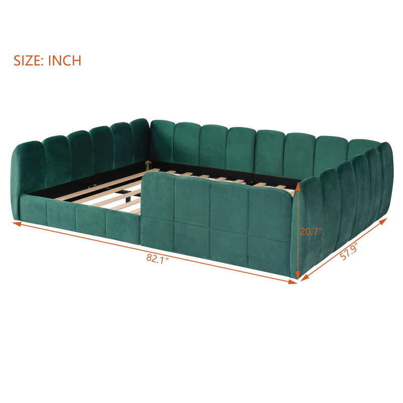 Lit plateforme pour lit double rembourré en velours vert, Green